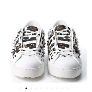 Valentino Garavani Calfskin Leopard Print Rockstud Untitled Open Sneakers 37